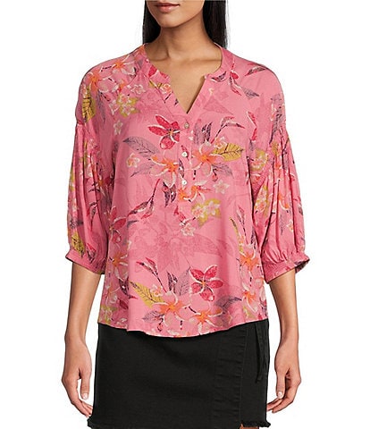 Westbound Petite Size Floral Elbow Puff Sleeve Partial Button Front Top
