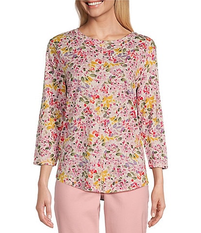Westbound Petite Size Floral Print 3/4 Sleeve Knit Crew Neck Top