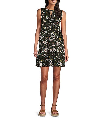 Westbound Petite Size Floral Print Double Tassel Tie Front V-Neck Tiered Sleeveless A-Line Dress