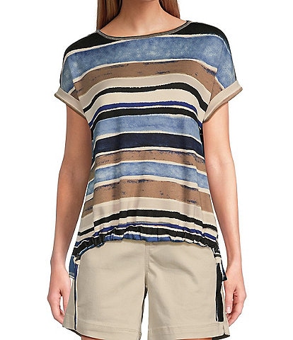 Westbound Petite Size Horizontal Stripe Short Sleeve Scrunched Waist Top
