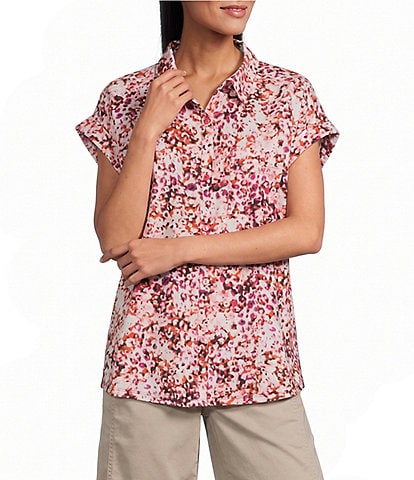 Westbound Petite Size Ikat Stripe Print Button Front Tie Hem Top