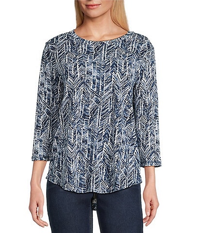 Westbound Petite Size Indigo Chevron 3/4 Sleeve Crew Neck Knit Top