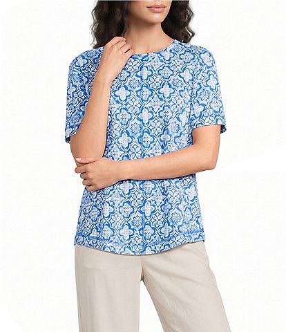 Westbound Size Indigo Tile Slub Knit Short Sleeve Crew Neck Top