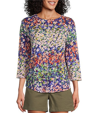 Westbound Petite Size Knit Floral 3/4 Sleeve Crew Neck Top