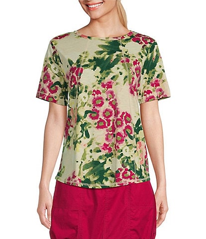 Westbound Petite Size Knit Floral Short Sleeve Crew Neck Top