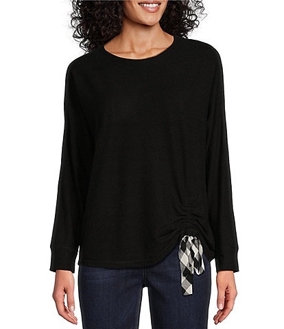 Westbound Petite Size Knit Long Sleeve Crew Neck Ruched Shirt