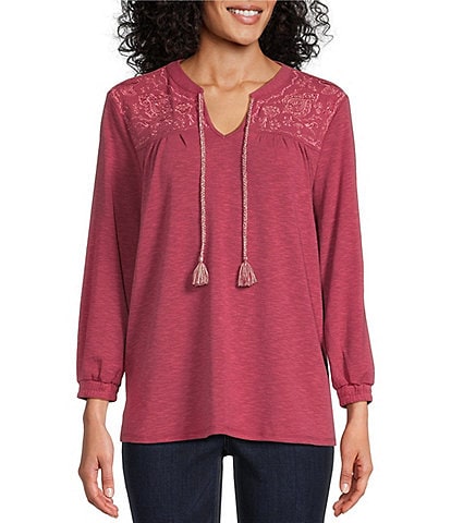 Westbound Petite Size Knit V-Neck Long Sleeve Embroidered Top