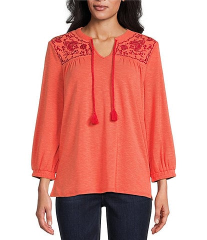 Westbound Petite Size Knit V-Neck 3/4 Sleeve Embroidered Top