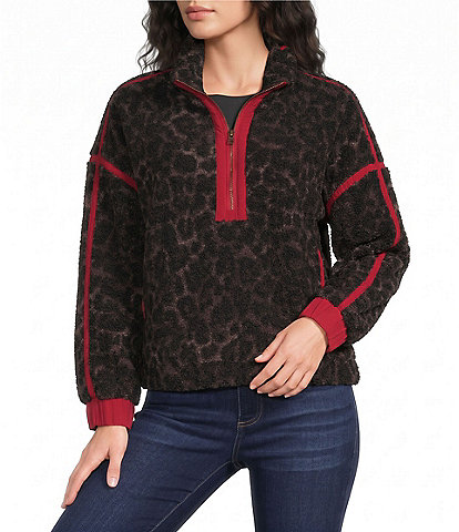 Westbound Petite Size Leopard Spot Long Sleeve Sherpa Half Zip Jacket