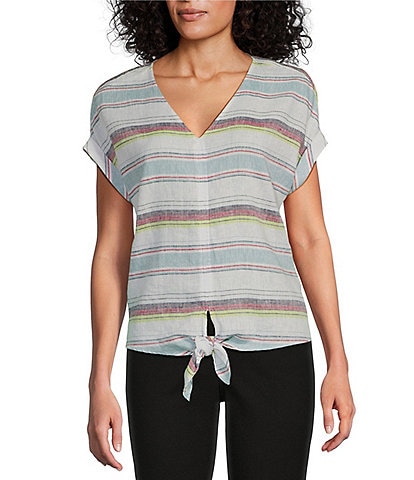 Westbound Petite Size Meadow Stripe Short Sleeve V-Neck Tie Front Top