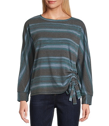 Westbound Petite Size Oceanic Stripe Print Knit Long Sleeve Crew Neck Ruched Shirt