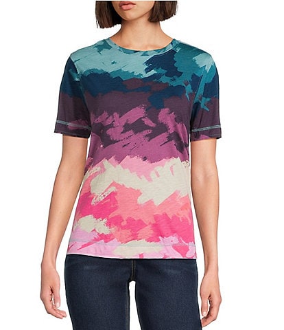 Westbound Petite Size Painted Landscape Short Sleeve Crew Neck Top