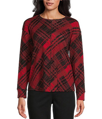 Westbound Petite Size Painterly Plaid Long Sleeve Crew Neck Knit Tee