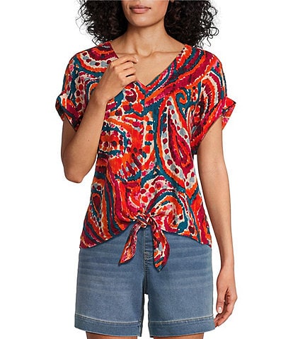 Westbound Petite Size Paisley Overly Short Sleeve V-Neck Tie Front Top