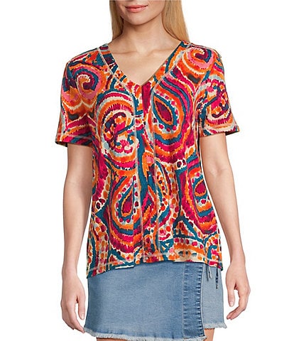 Westbound Petite Size Paisley Overly Short Sleeve V-Neck Top