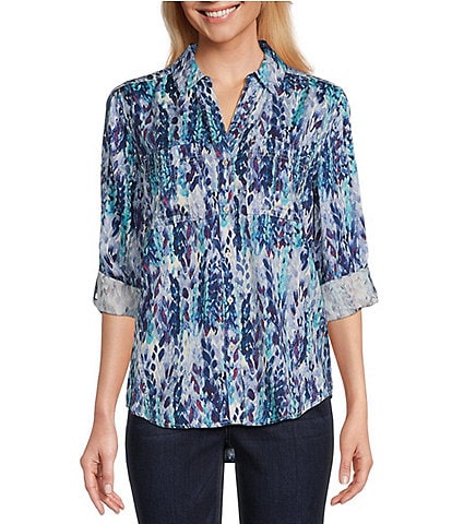 Westbound Petite Size Petal Print Woven Roll Sleeve V-Neck Button Front Top