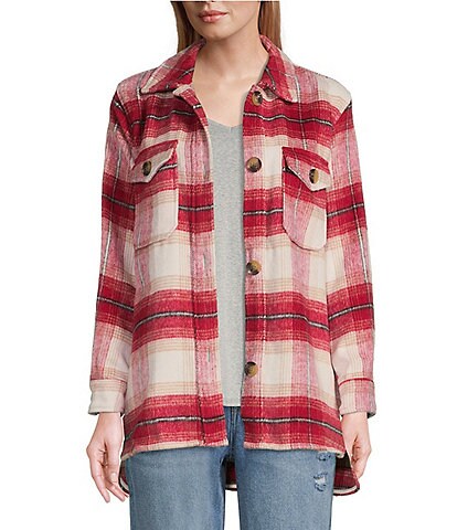 Westbound Petite Size Plaid Print Flap Pocket Long Sleeve Button Front Shacket