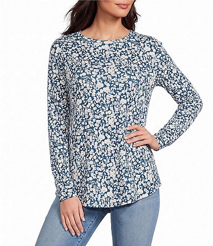 Westbound Petite Size Print Long Sleeve Crew Neck Knit Tee