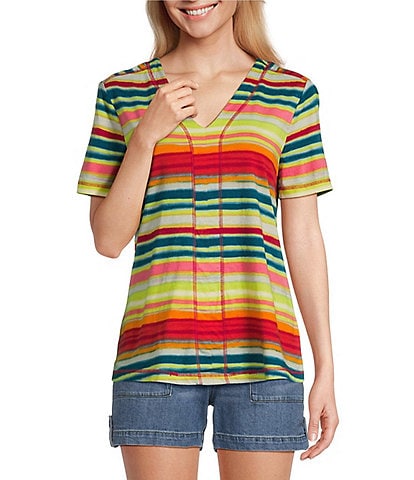 Westbound Petite Size Shimmering Stripe Short Sleeve V-Neck Top