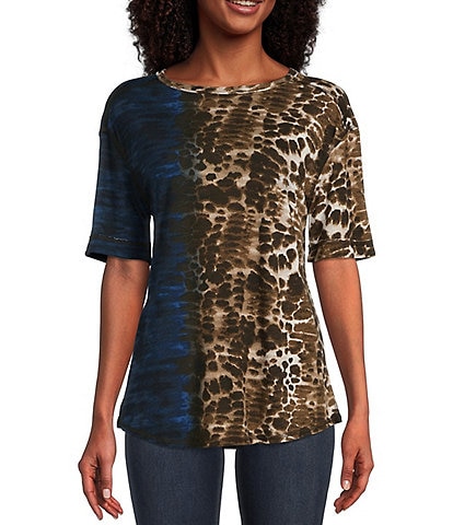 Westbound Petite Size Short Sleeve Crew Neck Leopard Print Ombre Knit Tee