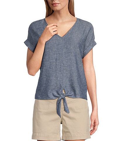 Westbound Petite Size Linen Blend Short Sleeve V-Neck Tie Front Top