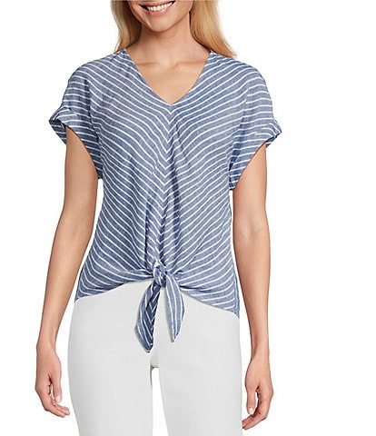 Westbound Petite Size Linen Blend Stripe Print Short Sleeve V-Neck Tie Front Top