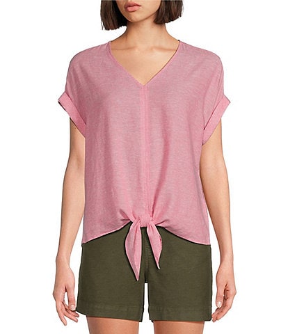 Westbound Petite Size Linen Blend Short Sleeve V-Neck Tie Front Top