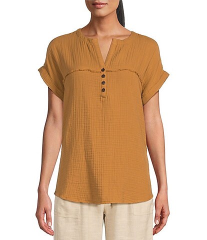Westbound Petite Size Short Sleeve Woven Henley Top