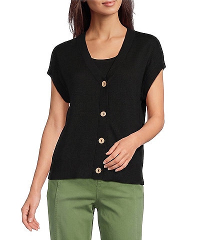 Westbound Petite Size Short Sleeve Y-Neck Button Front Cardigan
