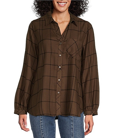 Westbound Petite Size Simple Plaid Print Long Sleeve Y-Neck Button Front Collared Top