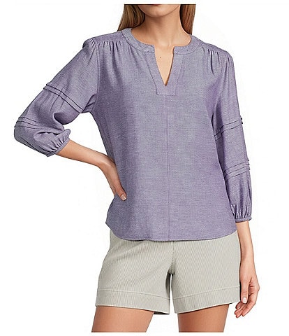 Westbound Petite Size Solid 3/4 Sleeve V-Neck Top