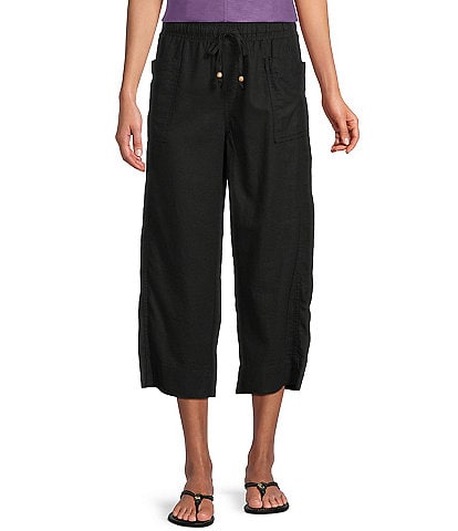Westbound Petite Size Solid Linen Blend Pull On Crop Pants
