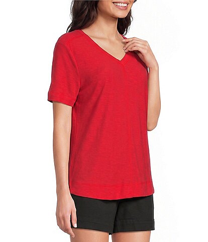 Westbound Petite Size Solid Short Sleeve V-Neck Top