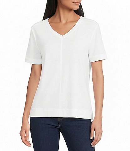 Westbound Petite Size Solid Short Sleeve V-Neck Top