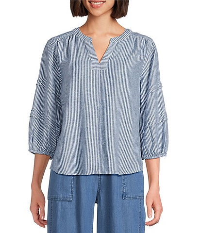 Westbound Petite Size Stripe Print 3/4 Sleeve V-Neck Top