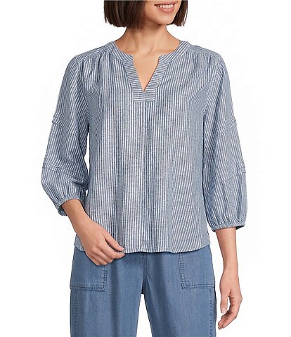 Westbound Petite Size Stripe Print 3/4 Sleeve V-Neck Top
