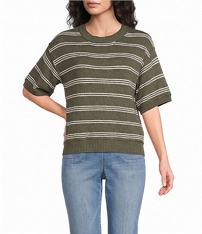 Westbound Petite Size Stripe Short Sleeve Crew Neck Sweater Top