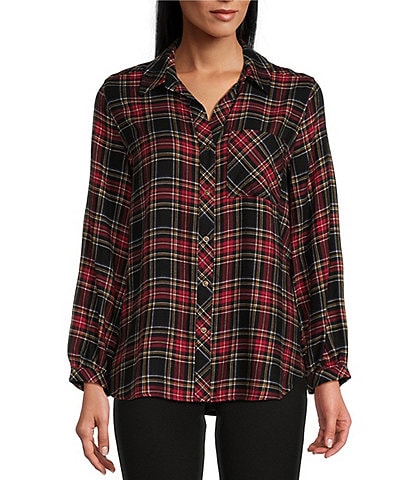 Westbound Petite Size Tartan Plaid Print Long Sleeve Y-Neck Button Front Collared Top