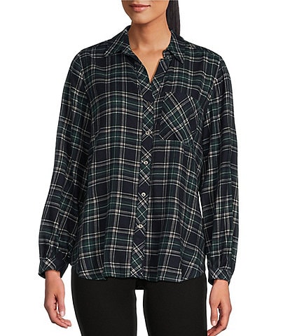 Westbound Petite Size Tartan Plaid Print Long Sleeve Y-Neck Button Front Collared Top