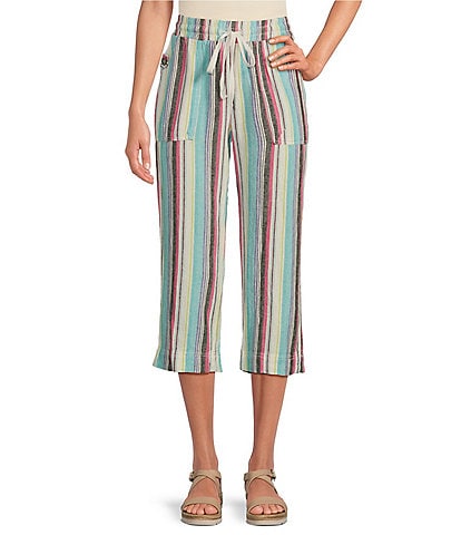 Westbound Petite Size The ISLAND Bright Stripe Crop Pull-On Mid Rise Wide Leg Drawstring Waist Pants