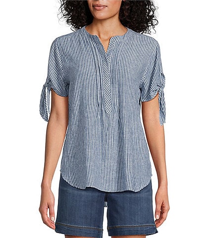 Westbound Petite Size Tie Short Sleeve Striped Pleated Y-Neck Top