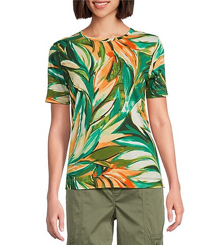Westbound Petite Size Tropical Leaf Short Sleeve Crew Neck Top