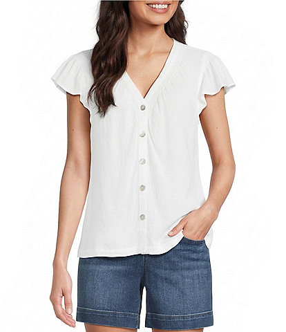 Westbound Petite Size V-Neck Button Front Flutter Sleeve Top