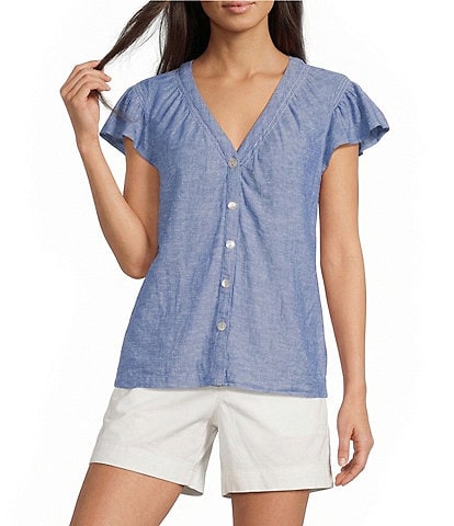 Petite Size V-Neck Button Front Flutter Sleeve Top