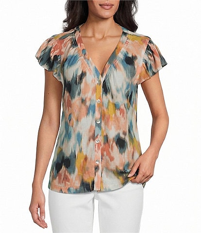 Westbound Petite Size V-Neck Button Front Flutter Sleeve Top