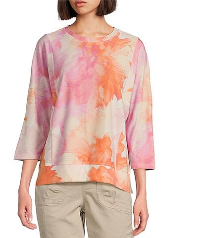 Westbound Petite Size Watercolor Dahlia Knit 3/4 Sleeve Crew Neck Ribbed Detail Multi Print Top