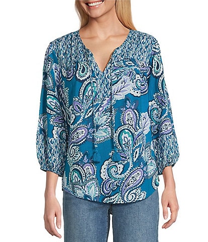 Westbound Petite Size Woven Celestial Spice Mix Paisley Elbow V-Neck Tie Top