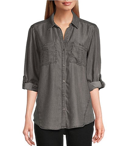 Westbound Petite Size Woven Chambray Long Roll-Tab Sleeve Point Collar Y-Neck Button Front Shirt