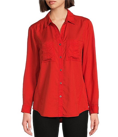 Westbound Petite Size Woven Long Roll-Tab Sleeve Point Collar Y-Neck Button Front Shirt