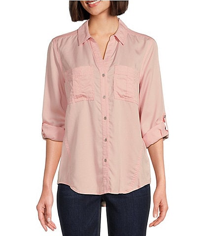 Westbound Petite Size Woven Long Roll-Tab Sleeve Point Collar Y-Neck Button Front Shirt